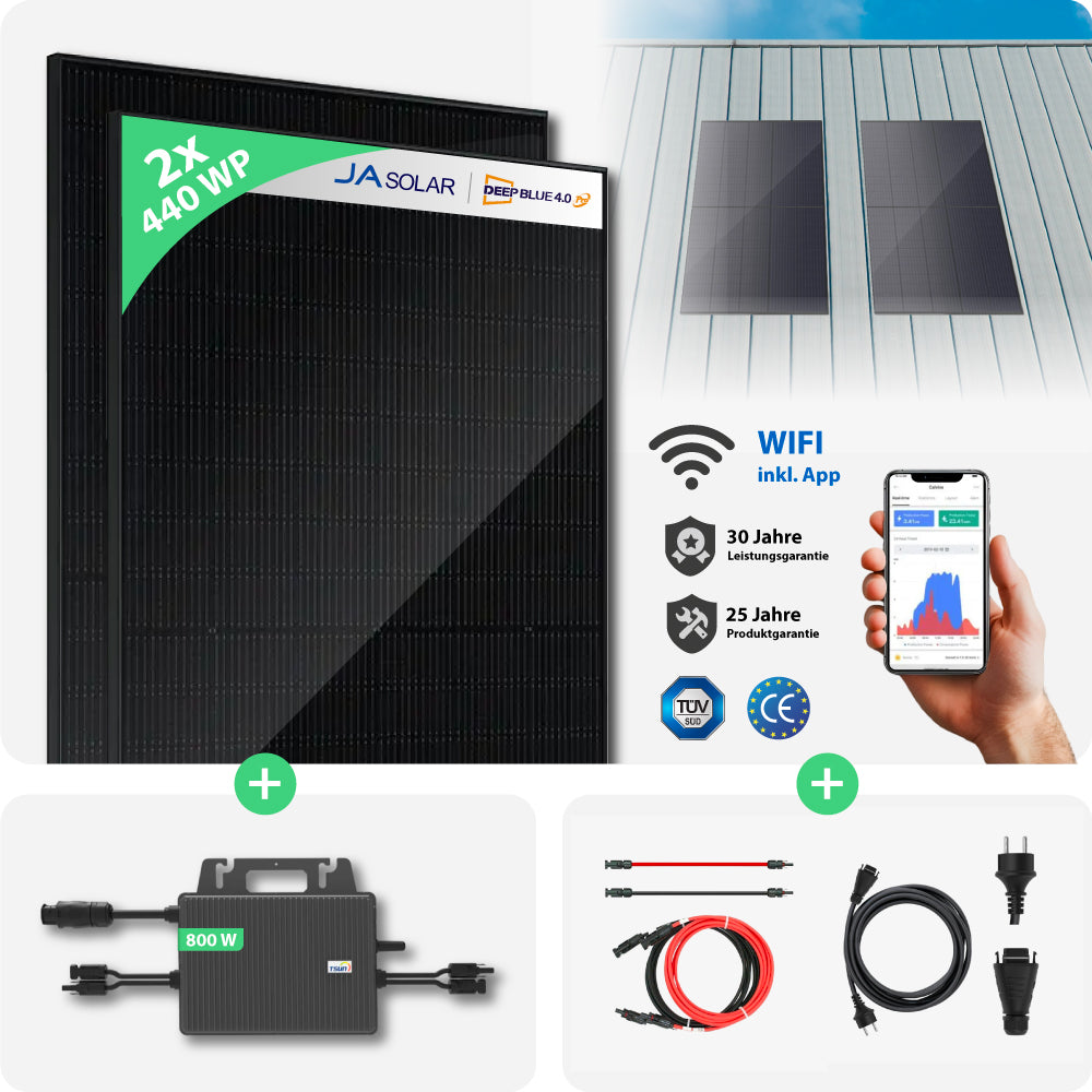 Balkonkraftwerk Blechdach | 2er Komplettset | Bifaziale Glas-Glas Solarmodule | 880 WP (Test)