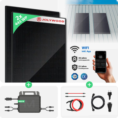 Balkonkraftwerk Blechdach | 2er Komplettset | Bifaziale Glas-Glas Solarmodule | 890 WP