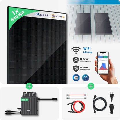 Balkonkraftwerk Blechdach | 1er Komplettset | Bifaziale Glas-Glas Solarmodule | 440 WP (Test)
