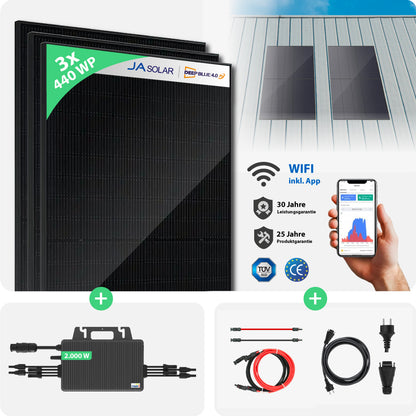 Balkonkraftwerk Blechdach | 3er Komplettset | Bifaziale Glas-Glas Solarmodule | 1.320 WP (Test)