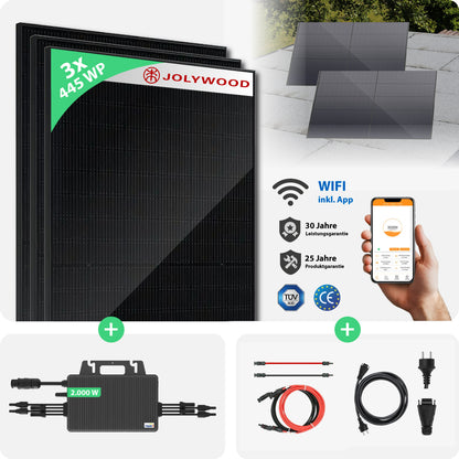 Balkonkraftwerk Flachdach | 3er Komplettset | Bifaziale Glas-Glas Solarmodule | 1.335 WP