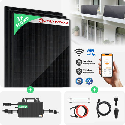 Balkonkraftwerk Gitterbalkon | 3er Komplettset | Bifaziale Glas-Glas Solarmodule | 1.500 WP