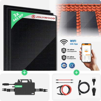 Balkonkraftwerk Ziegeldach | 3er Komplettset | Bifaziale Glas-Glas Solarmodule | 1.335 WP
