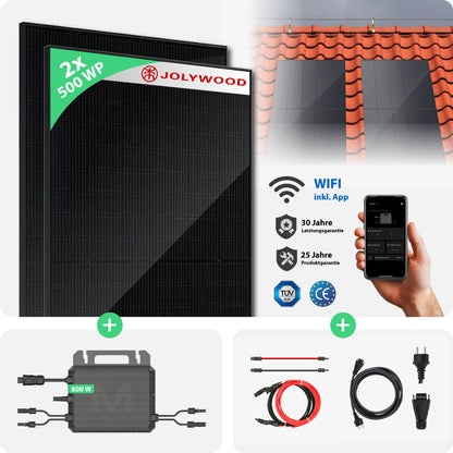 Balkonkraftwerk Ziegeldach | 2er Komplettset | Bifaziale Glas-Glas Solarmodule | 1.000 WP